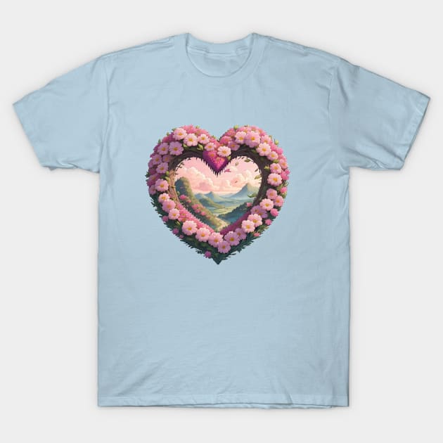 Pink Floral Heart Framing Landscape T-Shirt by Pet And Petal